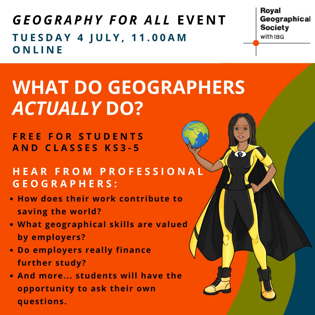 CAREERS IN GEOGRAPHY 
Hear from and pose questions to professional geographers in an online webinar  #workexperience #choosegeography #geographyteacher #edutwitter 

rgs.org/events/summer-…