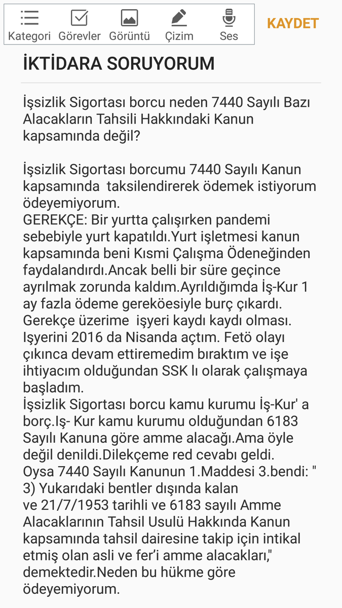 SORUYORUM:
İşsizlik Sigortası borcumu kamu kurumu İş-Kur' a 7440 Sayılı Kanun kapsamında taksitli ödeme yapmak imkanından neden faydalanamıyorum?
<a href="/RTErdogan/">Recep Tayyip Erdoğan</a> 
<a href="/Akparti/">AK Parti</a> 
<a href="/TBMMresmi/">TBMM</a>
<a href="/tcbestepe/">T.C. Cumhurbaşkanlığı</a> 
<a href="/prof_mahmutozer/">Mahmut Özer</a>
<a href="/ozdemirsamet/">SAMET ÖZDEMİR</a>
<a href="/kilicdarogluk/">Kemal Kılıçdaroğlu</a> 
<a href="/Seyit_TORUN/">Seyit Torun</a>
<a href="/drmadiguzel/">Mustafa ADIGÜZEL</a>