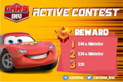 CarsInu_BSC's tweet photo. 🚫 Cars Inu Active Contest 🚫
✔️ Be a part of Cars Inu and be one of our top contributing members
➡️ Start: Now
➡️ End: 14:30 UTC May 28, 2023
⚡️Reward
1️⃣ $40 + 1 WL
2️⃣ $30 + 1 WL
3️⃣ $20
➡️ Join to https://t.co/QmM5VCOXc2 and become the 3 most active members.
#CarsInu https://t.co/m7UZzd5S1A