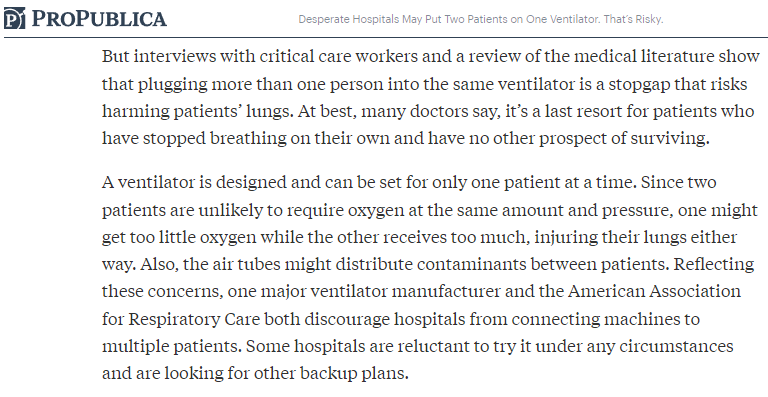 Some hospitals in New York began engaging in “split-ventilation”—putting patients on ventilators two-at-a-time. “Split-ventilation” made intubation even more dangerous than it already was. 8/