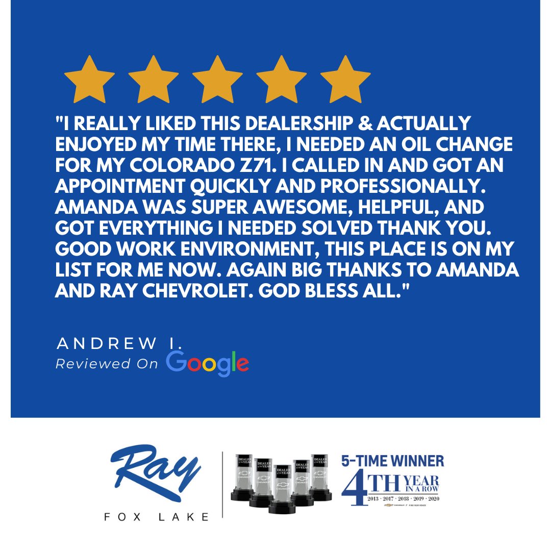 Andrew, thank you for the great review and for choosing Ray Chevrolet. ⭐ #FiveStarFriday #TheRayWay