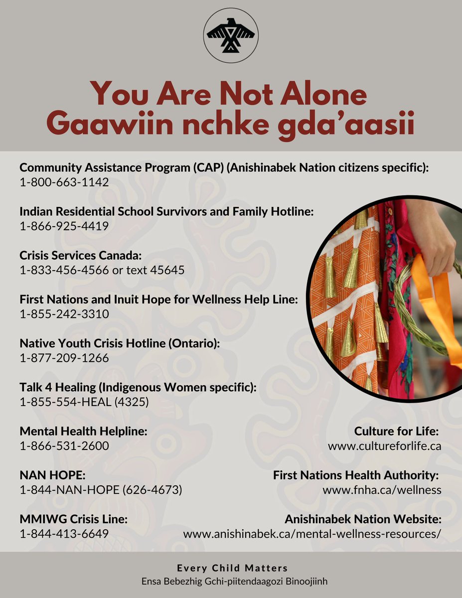 You Are Not Alone - Gaawiin Nchke Gda'aasii 

Help us help others by sharing this list of helpful resources for anyone struggling or in crisis.

#MentalHealth #MentalHealthMatters