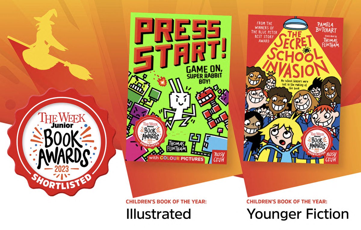 Two of my books have been shortlisted for The Week Junior Book Awards! The UK edition of ‘Press Start!’ 1 has been nominated in the Illustrated category. ‘The Secret School Invasion’, written by @Pamela_Butchart in the Younger Fiction category. Both published by the ace @nosycrow