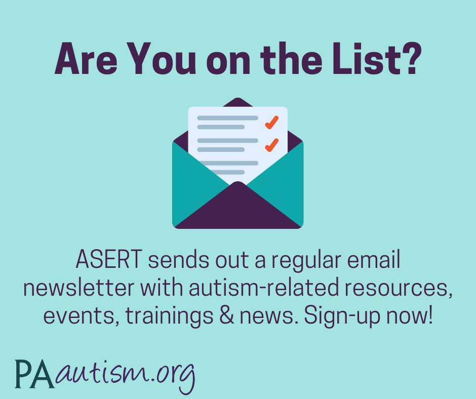 📩A monthly digital newsletter that provides up-to-date info about events, projects, & trainings, as well as other initiatives by #ASERT and the Office of Developmental Programs (ODP).

Join➡️ bit.ly/3WT2zpc

#Autism #ASD #AutismSpectrumDisorder  #AutismNewsletter