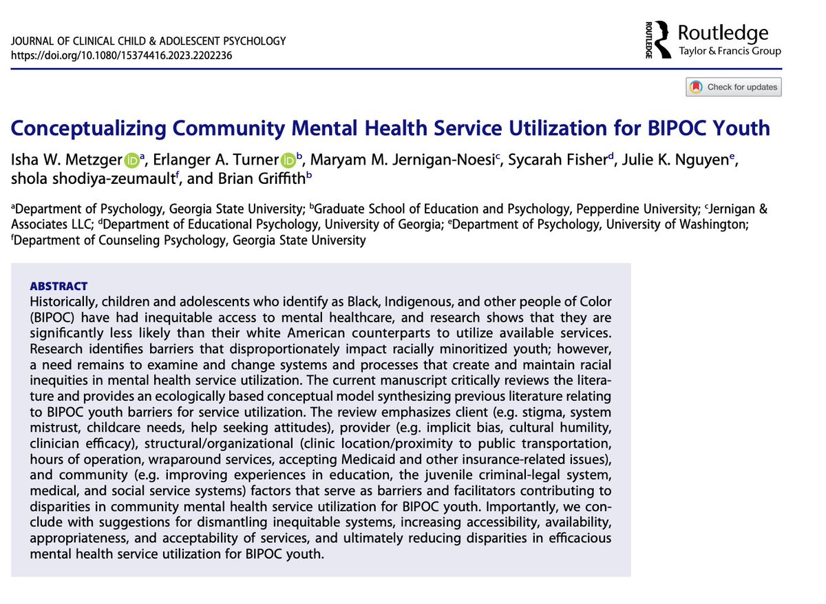 R.A.C.E Research Lab (@turner_race_lab) on Twitter photo #Psychology: Conceptualizing Community Mental Health Service Utilization for BIPOC Youth doi.org/10.1080/153744…
<a href="/tandfonline/">Taylor & Francis Research Insights</a> #mentalhealthmonth #Psychology: Conceptualizing Community Mental Health Service Utilization for BIPOC Youth doi.org/10.1080/153744…
<a href="/tandfonline/">Taylor & Francis Research Insights</a> #mentalhealthmonth