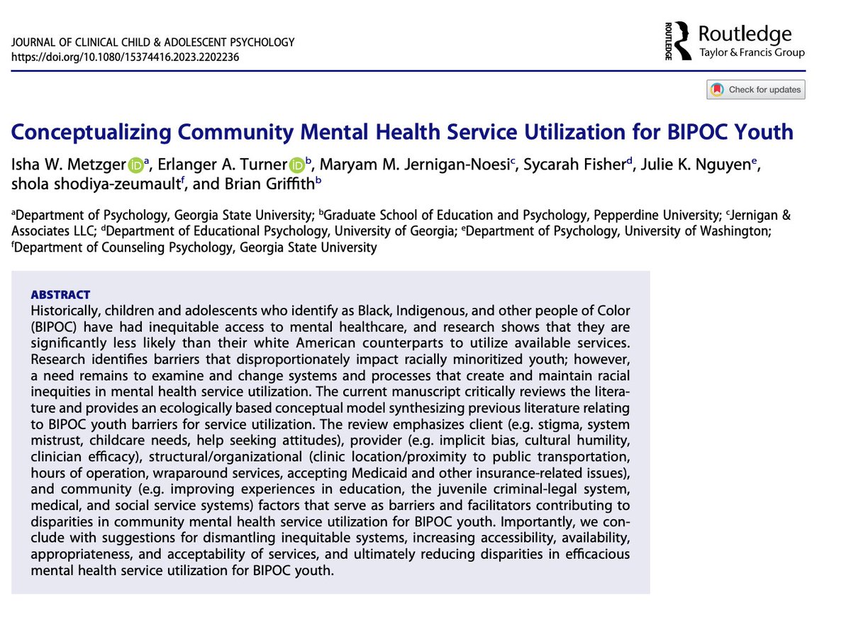 #Psychology: Conceptualizing Community Mental Health Service Utilization for BIPOC Youth doi.org/10.1080/153744… @tandfonline #mentalhealthmonth