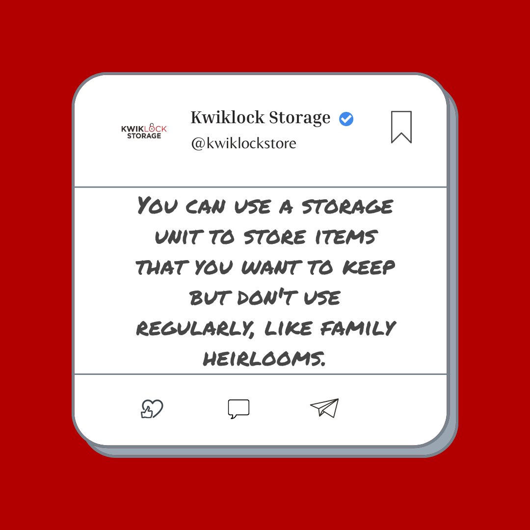 A storage unit is a treasure trove for storing cherished family heirlooms and sentimental items you want to keep but don't use regularly. Safeguard those precious memories while creating more space in your home! #MemoriesPreserved #kwiklockstorage
