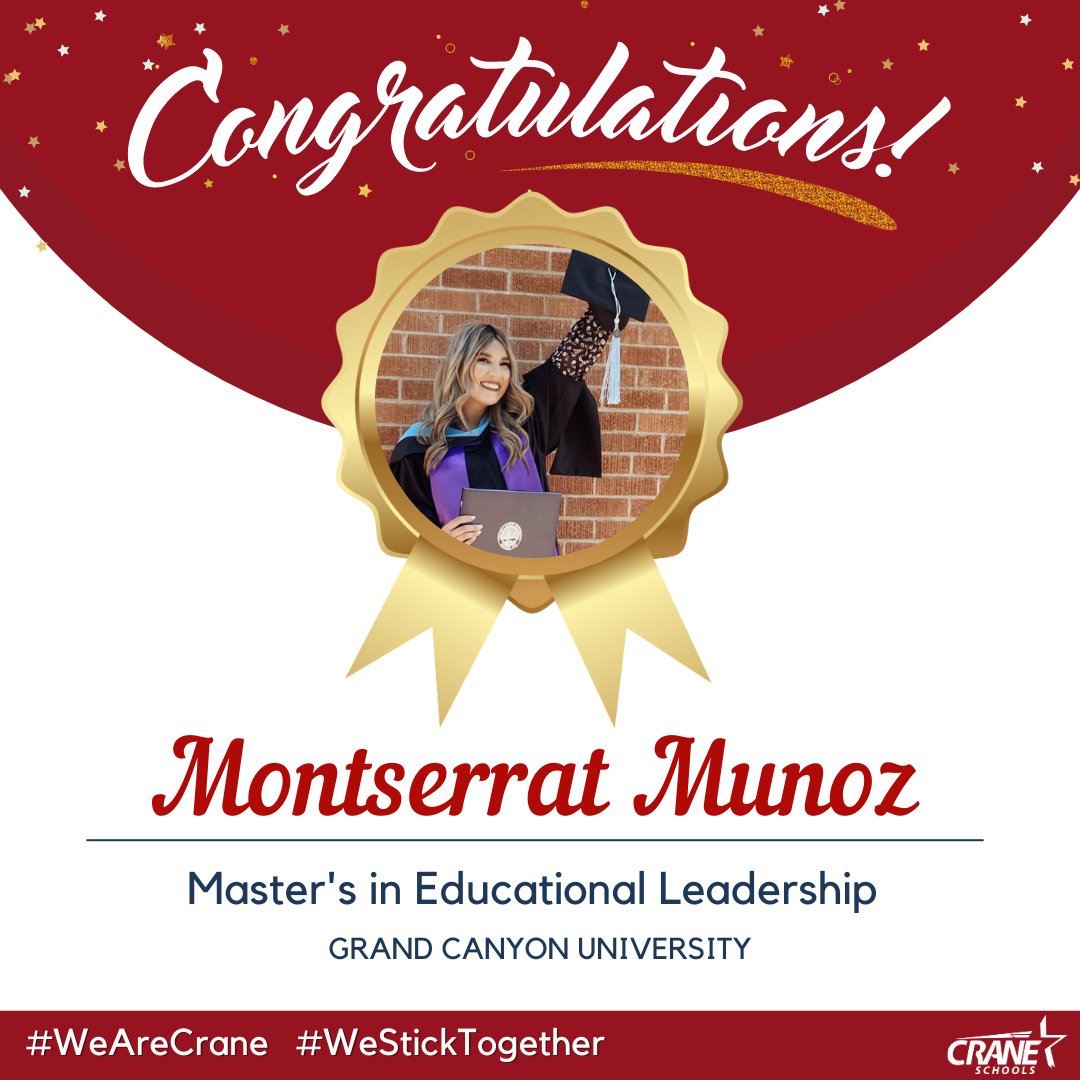 CraneSchools's tweet photo. ⭐️Day 5 of #CraneCelebrations! Congratulations to Ms. Munoz for graduating with her Master's Degree in Educational Leadership. #WhyCrane #WeAreCrane #WeStickTogether https://t.co/RnZuUk4YSi