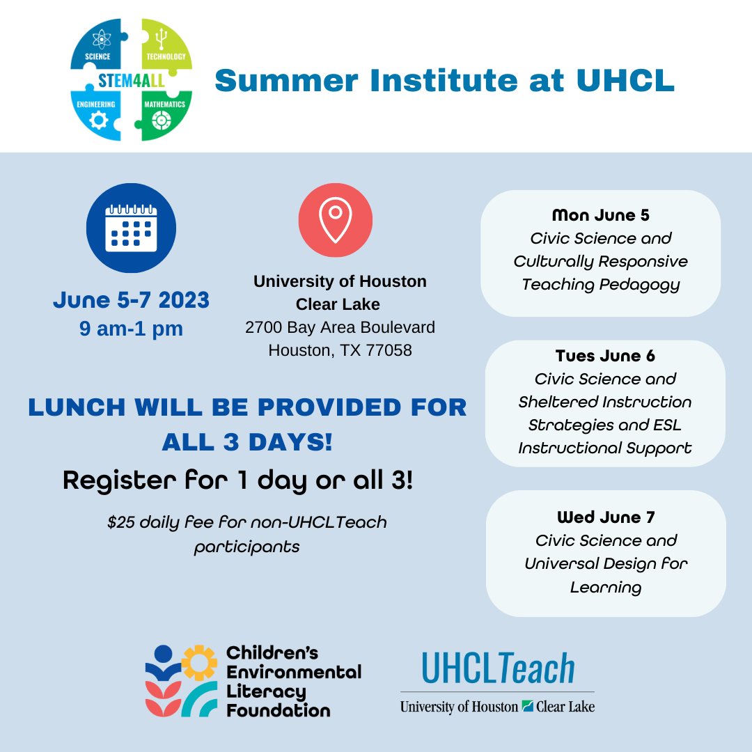 CELFeducation's tweet image. This Summer Institute is a 3-day program for preservice STEM4ALL students enrolled in the UHCLTeach program &amp;amp; Inservice teachers. Contact Dr. Gastile, gastile@uhcl.edu, for more info. Click on the link to register! @UHClearLake #civicscience #UHCLTeach ow.ly/BtyX50Ox1Hy