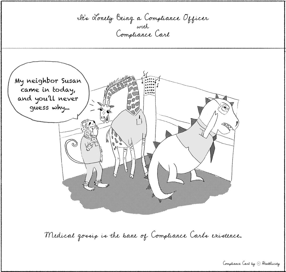 healthicity's tweet image. The elevator door dings and Compliance Carl steps in to see two nurses deeply engaged in conversation. Suddenly, Carl overhears one nurse talking to the other about a neighbor’s very private healthcare concerns.  

#compliance #compliancehumor #complianceofficer #healthcare
