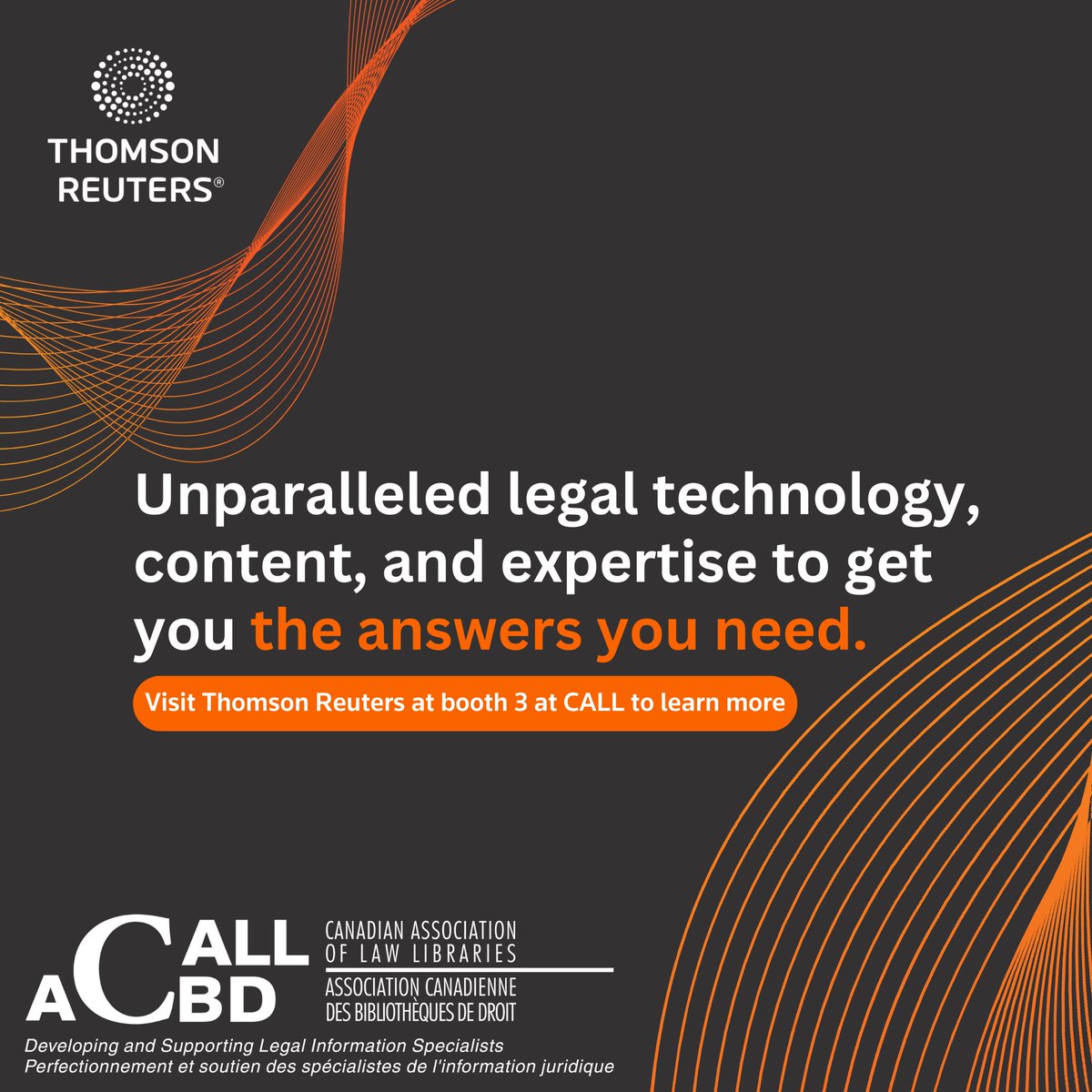 TRCanadaLegal's tweet photo. Attending the Canadian Association of Law Libraries (CALL) annual event in Hamilton next week? Visit us while you’re there to learn about our unparalleled legal technology, content, and expertise to get you the answers you need. Find Thomson Reuters at booth 3. #CALL #ACBD https://t.co/OG7dv8Uoto