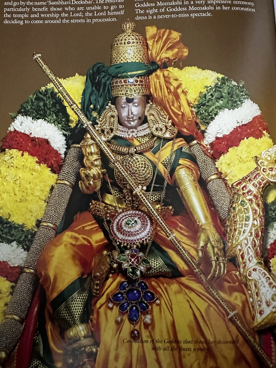 On the eight day of chithirai tiruvizha, the Coronation of Meenakshi Amman is celebrated, every year. The chief trustee of the temple takes the role of Pandya King and presents the #Sengol to the Goddess. A picture of hers in her Coronation dress.