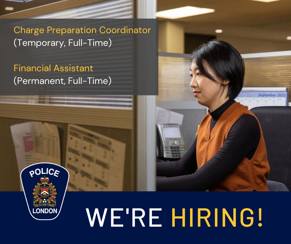 lpsmediaoffice's tweet photo. The LPS is hiring for two civilian positions 👇
-Temporary, full-time Charge Preparation Coordinator (Deadline: June 8)
-Permanent, full-time Financial Assistant, Financial Services (Deadline: June 9)
To learn more or to apply, visit our website: https://t.co/ub4DxNY9KV
#LdnOnt https://t.co/N0EuhN05lz
