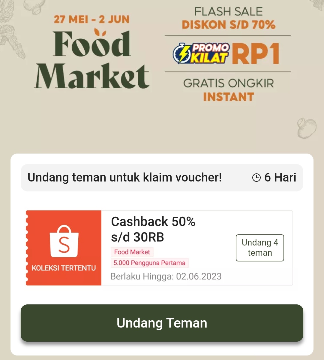 Shopee Food Market 🌟
Cashback 50% maksimal 30.000
📌 Tolong hanya bagikan di tweet ini

shope.ee/5V0HGg6qV7