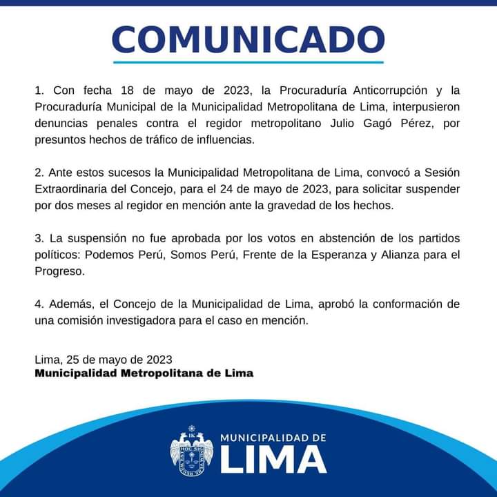 🔴 #𝗖𝗼𝗺𝘂𝗻𝗶𝗰𝗮𝗱𝗼 | La Municipalidad Metropolitana de Lima pone en conocimiento de la opinión pública lo siguiente: