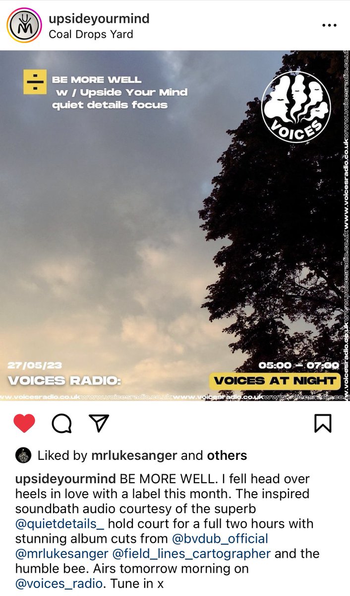 Very cool to see a quiet details focus Be More Well show from Upside Your Mind on @voices__radio tomorrow morning 💛🙏 Only music from qd releases - the humble bee, @FLCartographer , Luke Sanger and @bvdub_official Tune in if you’re up early :)x voicesradio.co.uk