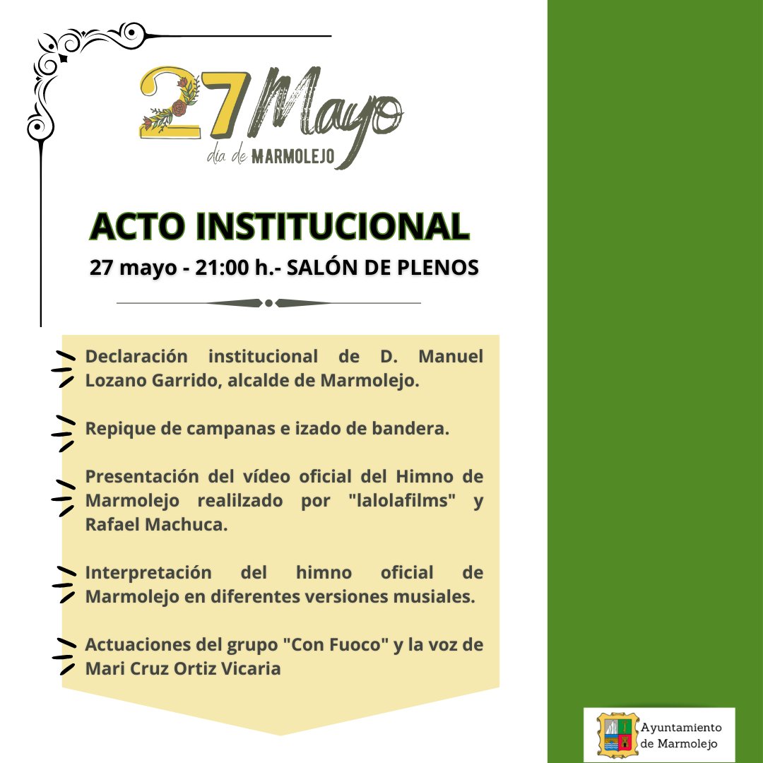 📌Mañana te invitamos a 𝐝𝐢𝐬𝐟𝐫𝐮𝐭𝐚𝐫 𝐝𝐞𝐥 𝐚𝐜𝐭𝐨 𝐢𝐧𝐬𝐭𝐢𝐭𝐮𝐜𝐢𝐨𝐧𝐚𝐥 𝐜𝐨𝐧 𝐦𝐨𝐭𝐢𝐯𝐨 𝐝𝐞𝐥 𝟐𝟕 𝐝𝐞 𝐦𝐚𝐲𝐨, 𝐃í𝐚 𝐝𝐞 𝐌𝐚𝐫𝐦𝐨𝐥𝐞𝐣𝐨 

¡Te esperamos! 

#AyuntamientodeMarmolejo
#Marmolejo