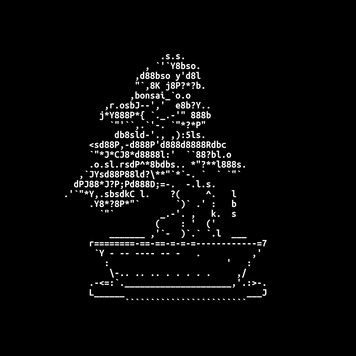 Bonsai

Just a little ASCII practice

#art #ascii #asciiart #bbs #computer #computerart #demoscene #digital #digitalart #retro #retroart #text #textart #textmode #textpunk #8bit #8bitart #bonsai #bonsaiart #plant #plants #japanese