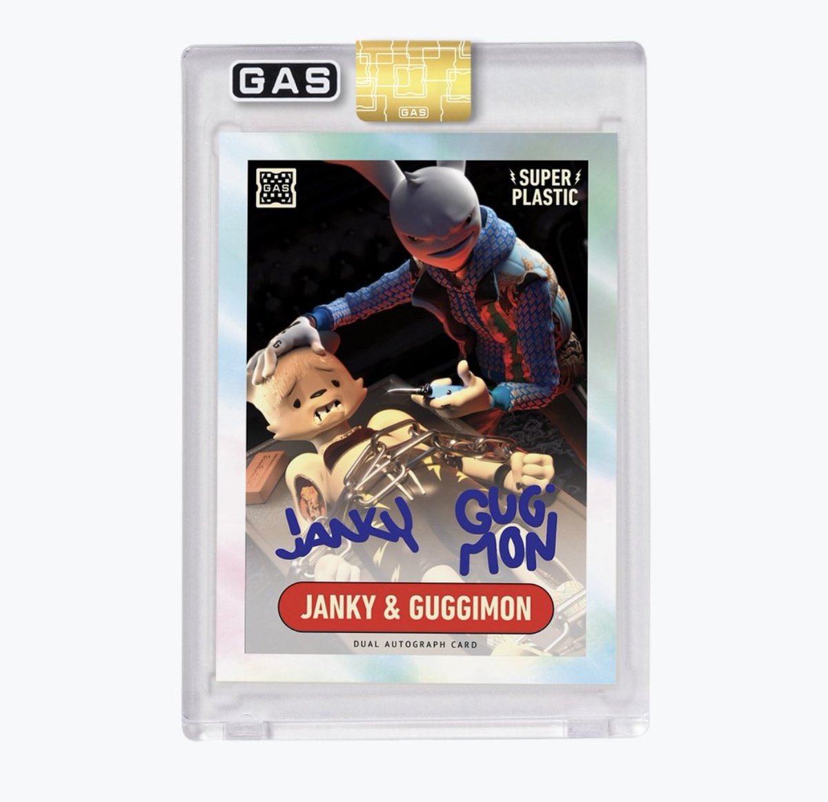 GAS is proud to present the first-ever official @superplastic @janky & @guggimon Trading Card. Each Ltd. Ed. Dual Autograph Foil Prism is hand-signed on-card by the Janky & Guggimon characters!

Available for pre-order on Friday, 5/26 at 10am PT [1pm ET] on @NTWRKlive (cont.)