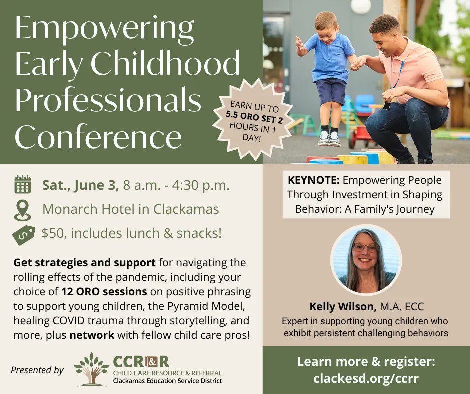 Today's your last chance to register for our Empowering Early Childhood Professionals Conference on Sat. June 3! Join CCR&amp;R to earn up to 5.5 ORO Set 2 hours, hear keynote by Kelly Wilson M.A. ECC &amp; network w/ fellow child care pros! Learn more &amp; register buff.ly/44XKUAI