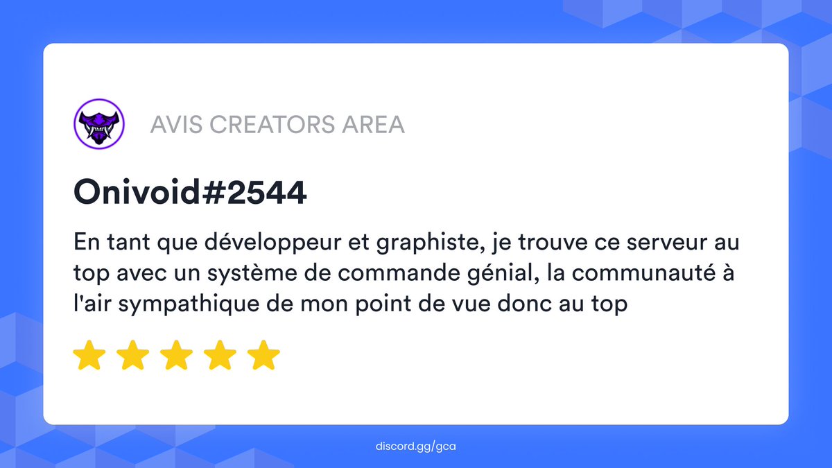 un nouvel avis a été posté sur notre serveur !🚀

merci onivoid pour ton avis sur le discord en tant que développeur et graphiste !! ❤️💫