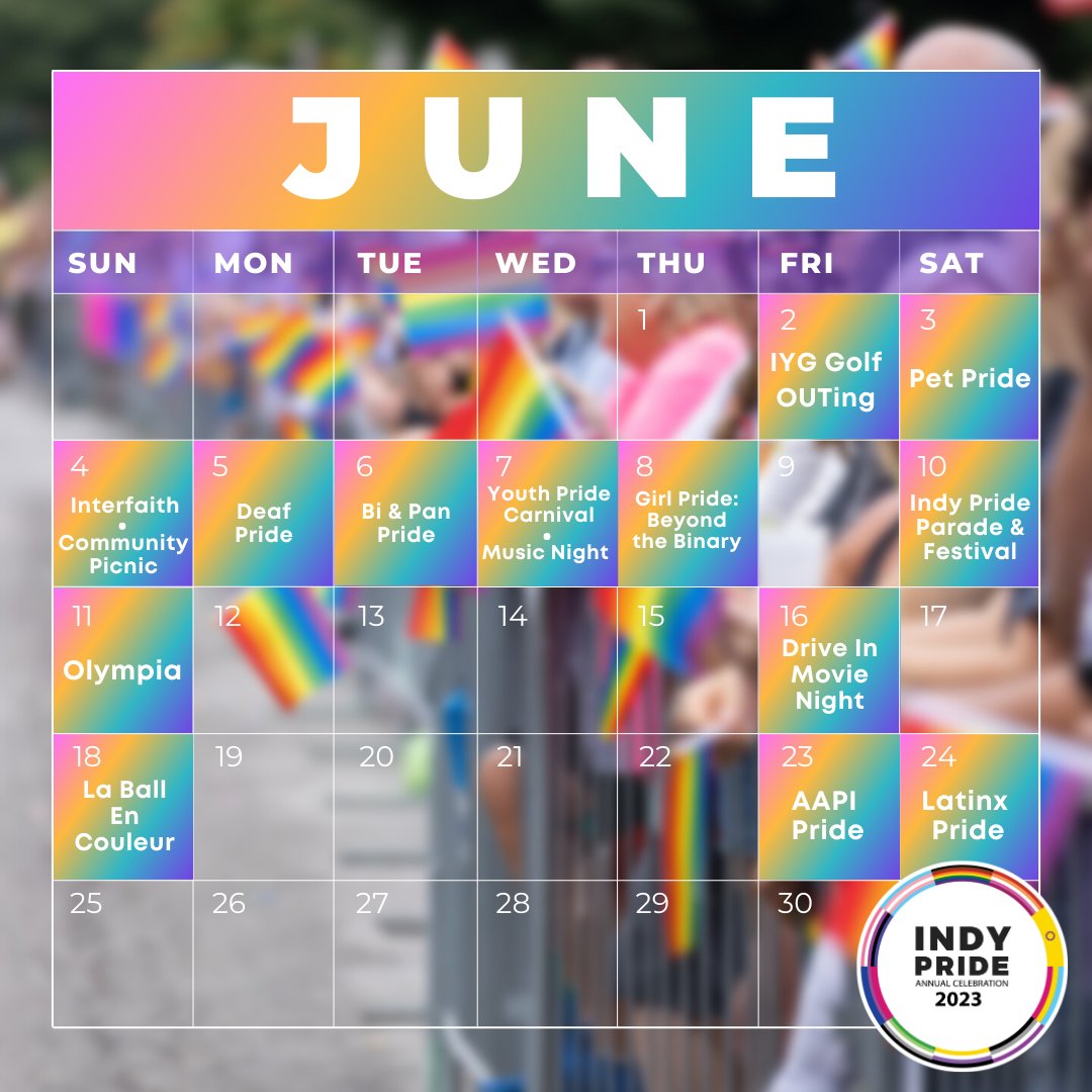 🌈🎉 Get ready for an incredible month filled with love, joy, and empowerment as Indy Pride presents an array of awesome events for the community throughout June! 🏳️‍🌈✨

Let's make this #Pridemonth a month to remember!

#IndyPride #Pride #queer #LoveIsLove #LGBTQ #LGBT