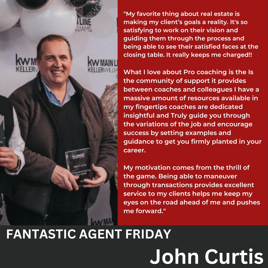 HAPPY FRIDAY!

John Curtis with KW Mainline's Productivity Coaching Program is this week's FANTASTIC agent of the week. He has a killer drive and the attitude of a lion.

Keep up the great work💯

#realtor #realestate #philly #kellerwilliams #kwphilly #kwmainline