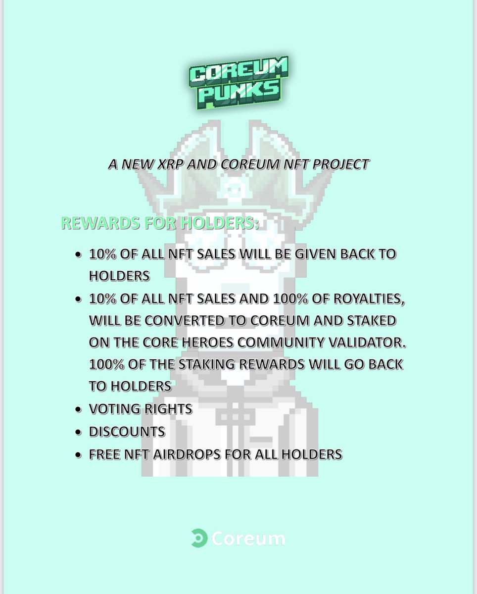 Less than hour to go until the next drop of the <a href="/CoreumPunks/">Coreum Punks</a> … mint here at 7pm BST mint.coreumpunks.com don’t forget to return to mint site after signing off in your wallet in order to be allocated your #NFT … #utility ➡️ 10% back to holders and a monthly #coreum drip 🔥🔥