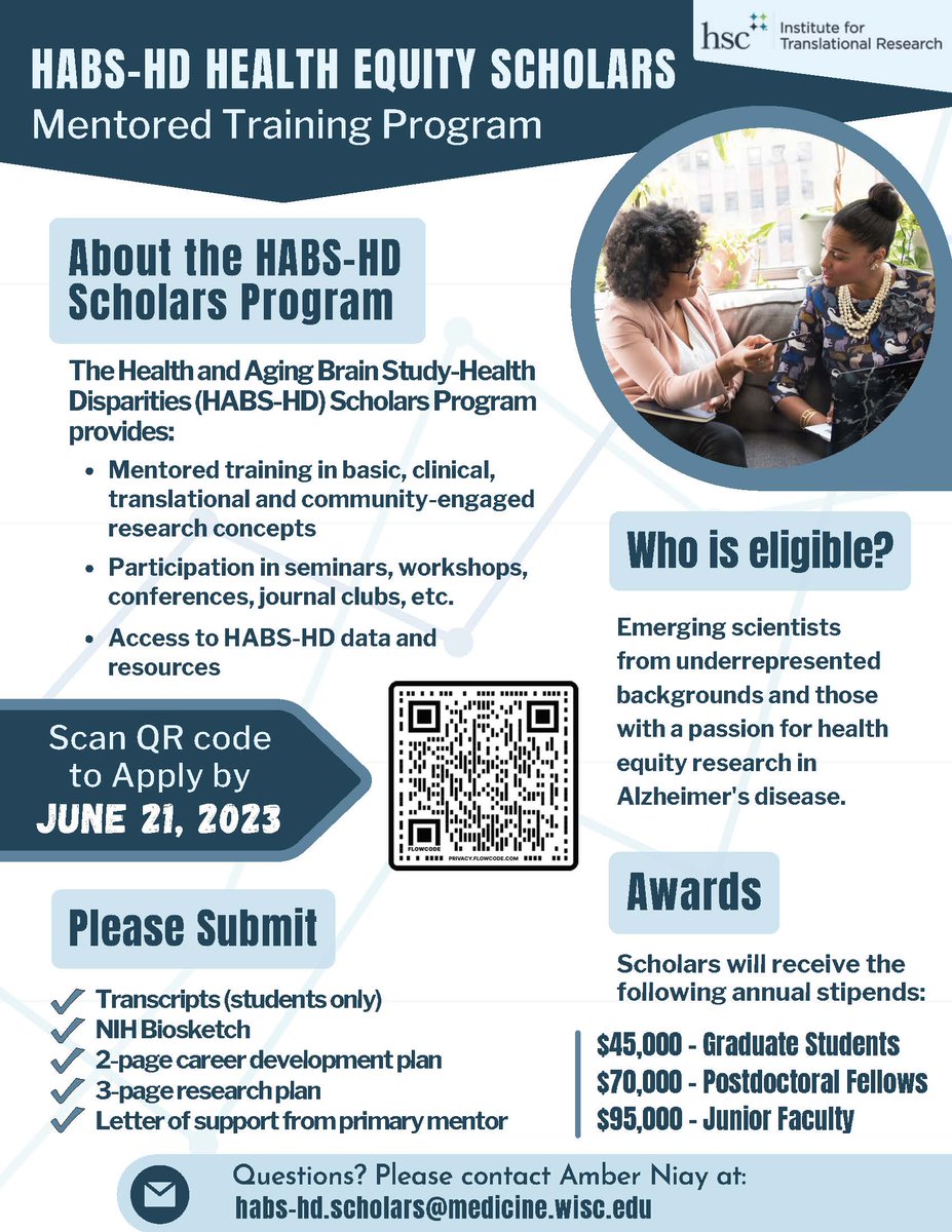 Dr. Monica Rivera Mindt (@drriveramindt) on Twitter photo ATTN: #Trainees + #EarlyCareer Folx!🌟
Check out our <a href="/NIHAging/">The National Institute on Aging (NIA)</a>-funded #HealthEquity Scholars Program (#HESP) for #AD/#ADRDs! We're hosting 2 QA sessions:
06/05/23 (4pm ET)
06/07/23 (11am ET)
Deadline: 06/21/23
👉🏾 habs-hd.scholars@medicine.wisc.edu
…uityscholarsprogram.medicine.wisc.edu
Pls #RT ATTN: #Trainees + #EarlyCareer Folx!🌟
Check out our <a href="/NIHAging/">The National Institute on Aging (NIA)</a>-funded #HealthEquity Scholars Program (#HESP) for #AD/#ADRDs! We're hosting 2 QA sessions:
06/05/23 (4pm ET)
06/07/23 (11am ET)
Deadline: 06/21/23
👉🏾 habs-hd.scholars@medicine.wisc.edu
…uityscholarsprogram.medicine.wisc.edu
Pls #RT