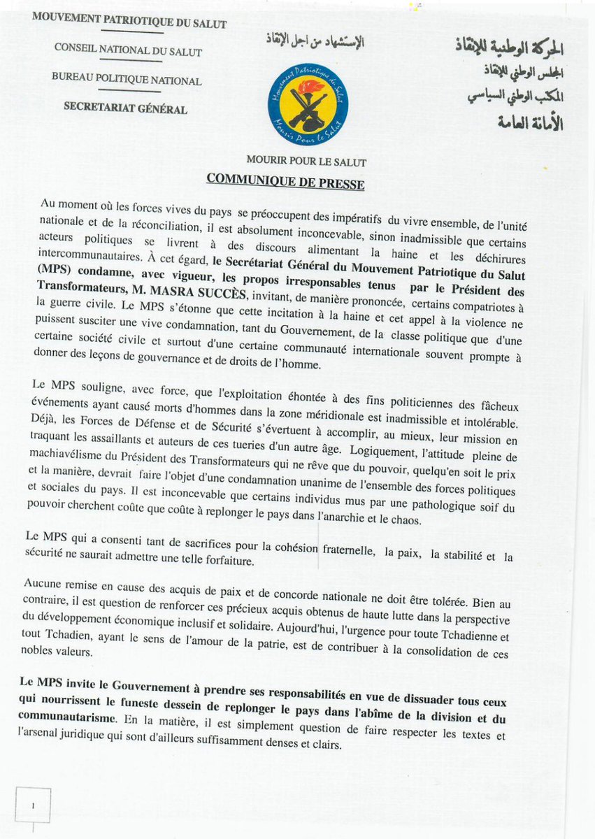 JBPadare's tweet photo. Le MPS condamne les propos irresponsables de MASRA SUCCES incitant à la guerre civile au #Tchad. Nous appelons toutes les forces politiques et sociales à condamner ces propos et à préserver la #paix pour le développement inclusif et solidaire du pays. https://t.co/aLPSoob0DF