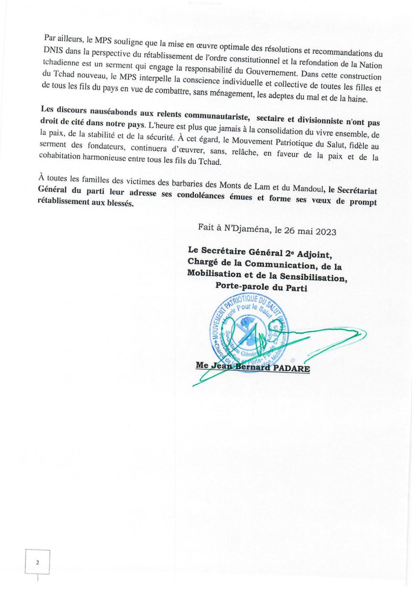 Le MPS condamne les propos irresponsables de MASRA SUCCES incitant à la guerre civile au #Tchad. Nous appelons toutes les forces politiques et sociales à condamner ces propos et à préserver la #paix pour le développement inclusif et solidaire du pays.