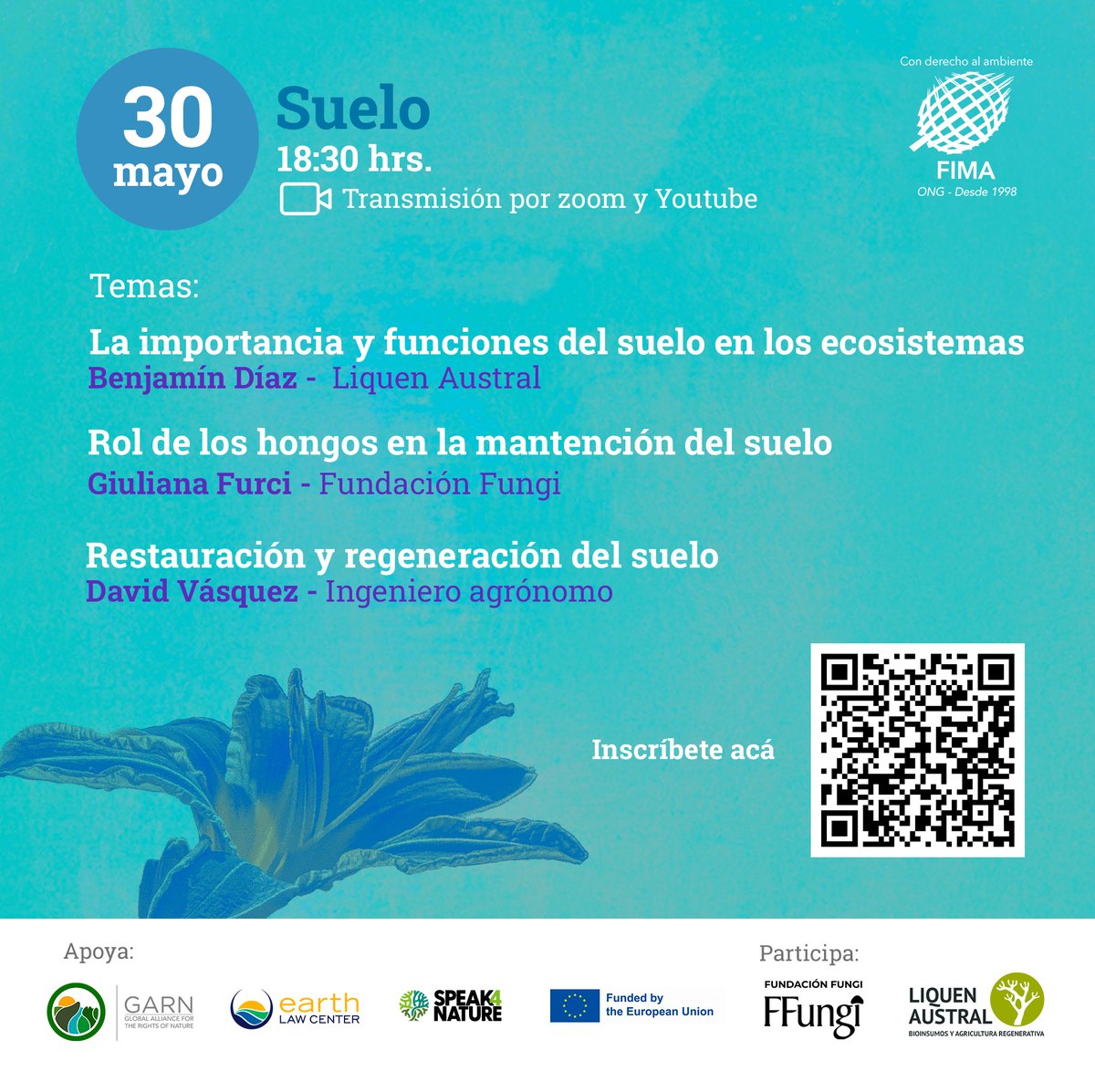 ¡Último seminario📣!

Esta vez el tema central será «Suelos🌱» junto a Benjamín Díaz de Líquen Austral, Giuliana Furci de <a href="/fungifoundation/">Fungi Foundation</a>, y el ingeniero agrónomo David Vázquez.

📆 Martes 30 de mayo
⏰ 18:30 hrs
💻 Transmisión por Zoom y YouTube

👉🏻 bit.ly/44SVusQ