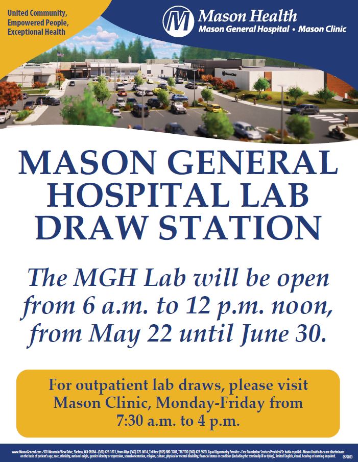 🚩Important update! For a limited time, our Mason General Hospital Lab Station will have limited hours. The lab will open a half hour earlier at 6 a.m. and will close at noon. Our Mason Clinic Lab Draw Station is OPEN, starting at 7:30 AM. 

#labhours #lab #medicallab