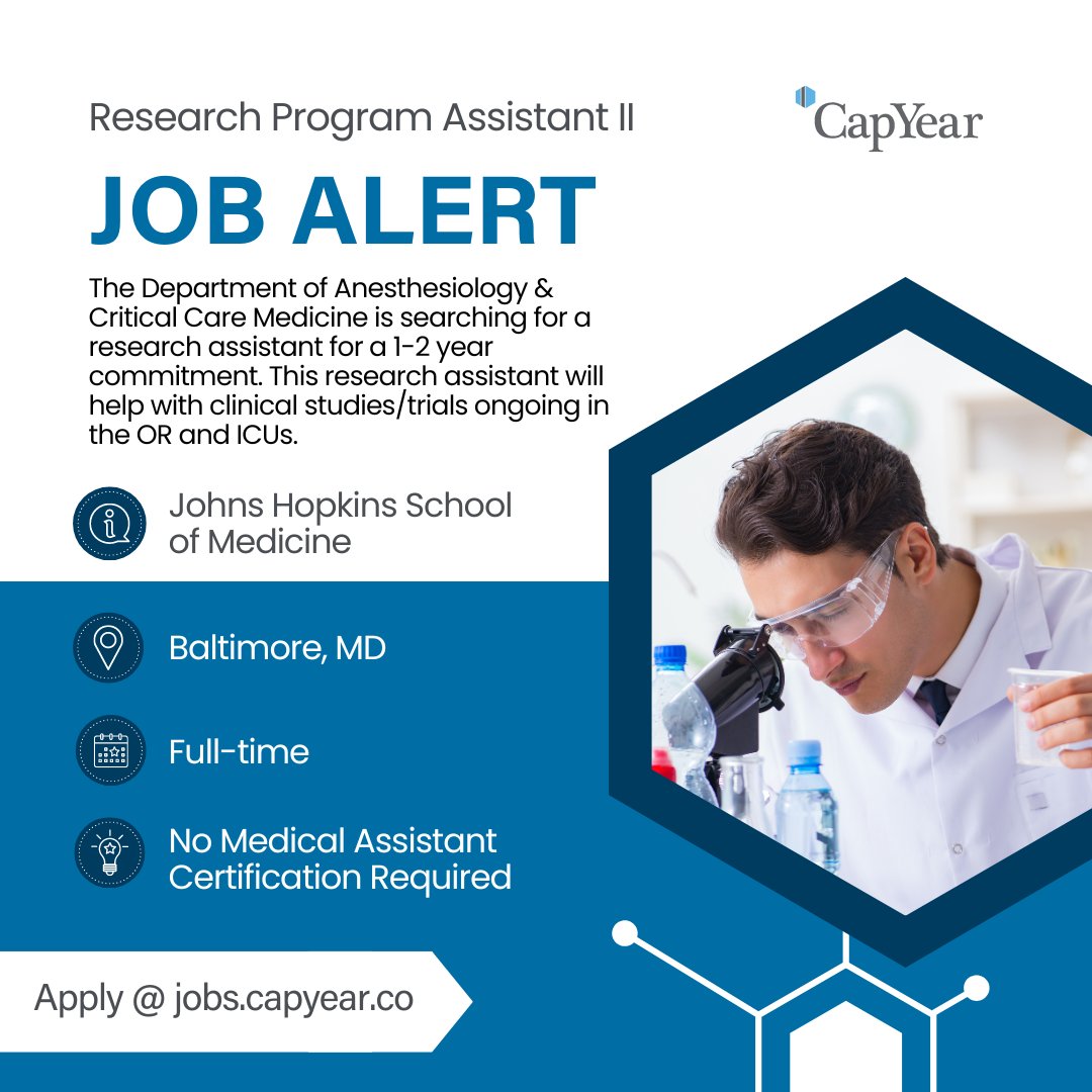Job Alert 📢 Check out this amazing job opportunity with Johns Hopkins School of Medicine! They are seeking bachelors degree graduates wanting clinical research experience for at least 1 year. 

bit.ly/3oshiLF

#ClinicalJobs #PreMed #PrePa #MedicalSchool
