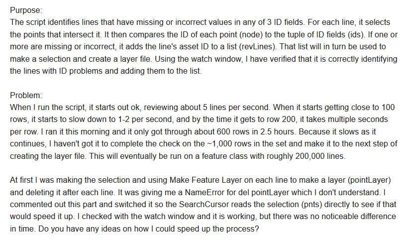 GeoWithJustin's tweet image. 🚨❓#Python and #arcpy experts:
I’m still looking for help making my script run faster. Please see the images for details. Can you spot an inefficiency or know a tool or method that would do this quicker?
#GIS #geospatial #gischat