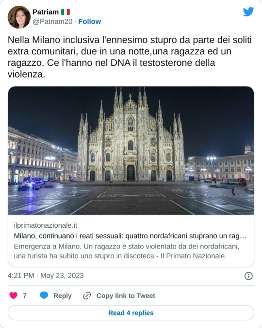 20Patriam's tweet photo. Gli #immigrati ci danno tutto: assistenza a basso costo per gli anziani, agricoltura conveniente, navi da crociera ("felici" di morire come mosche in #fincantieri); e pure un po' di criminalità, che non guasta mai a noi che amiamo postare veleno, mentre giriamo il sugo.

#Milano https://t.co/0Zcuq3Ers4