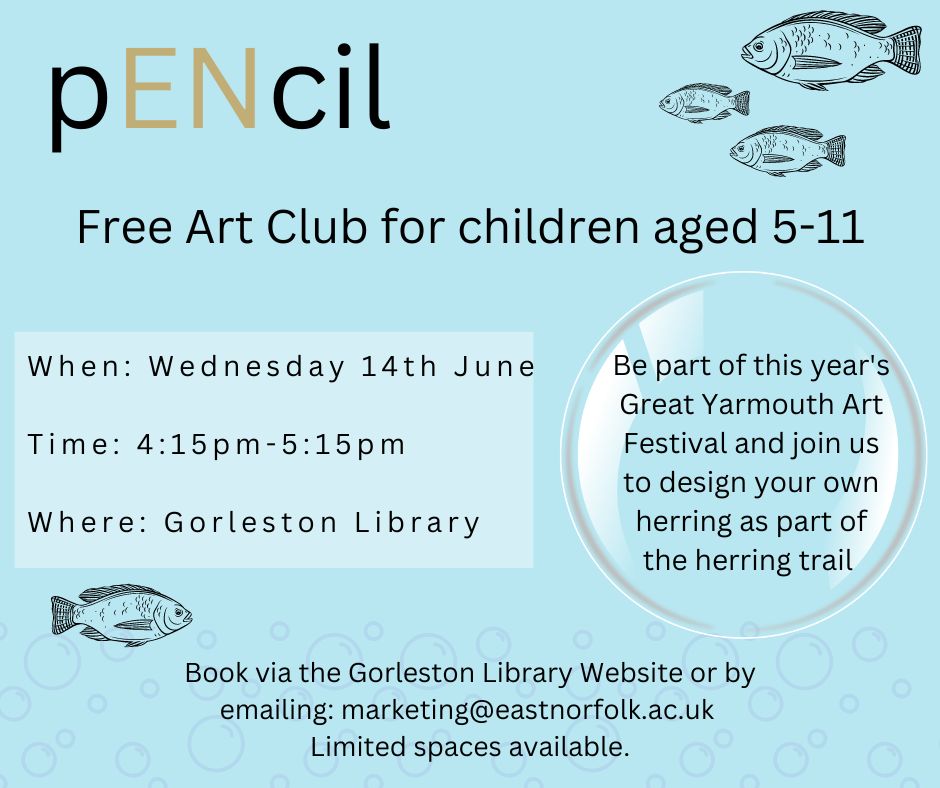 We are taking part in a very exciting project as part of the Great Yarmouth Art Festival. Join us for our Art Club at Gorleston library to get involved. 🐟