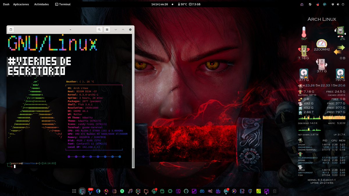 pancram's tweet photo. #ViernesDeEscritorio tranquilo, sin mucho tiempo de armar algo animado, pero les muestro mi desktop estático de uso diario
( komorebi queda para otro día 😄 )
#GNU #Linux #FridayDesktop
Arch Gnome https://t.co/kcAJ2baHkg