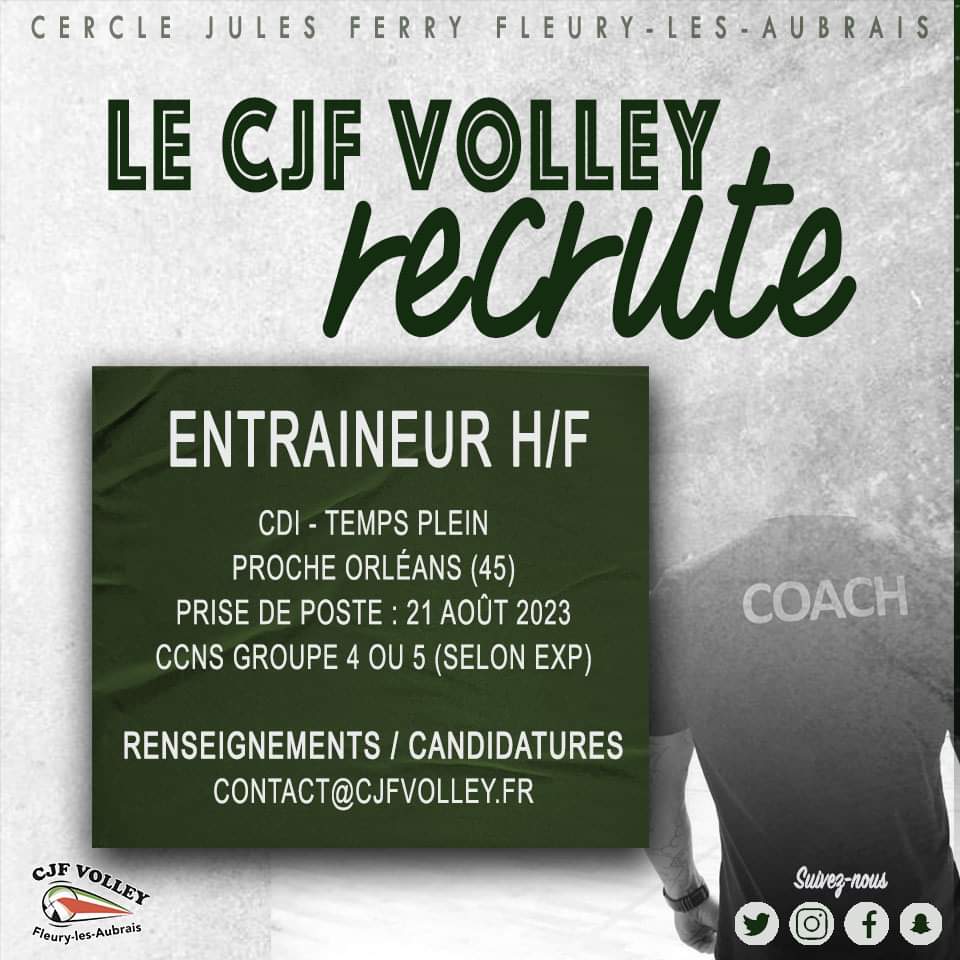 CJFVOLLEYBALL's tweet photo. ⏰ Derniers jours pour postuler
🚨 RECRUTEMENT ENTRAÎNEUR 
📆 SAISON 2023-2024
Fiche de poste 👉 https://t.co/hFGesbisyX
Rejoignez un club familial, chaleureux et ambitieux ! 💪🍻
📅 candidatures jusqu'au 4 Juin
☎️ Contact : 06 60 72 67 60 - contact@cjfvolley.fr https://t.co/2zSoGgC7po