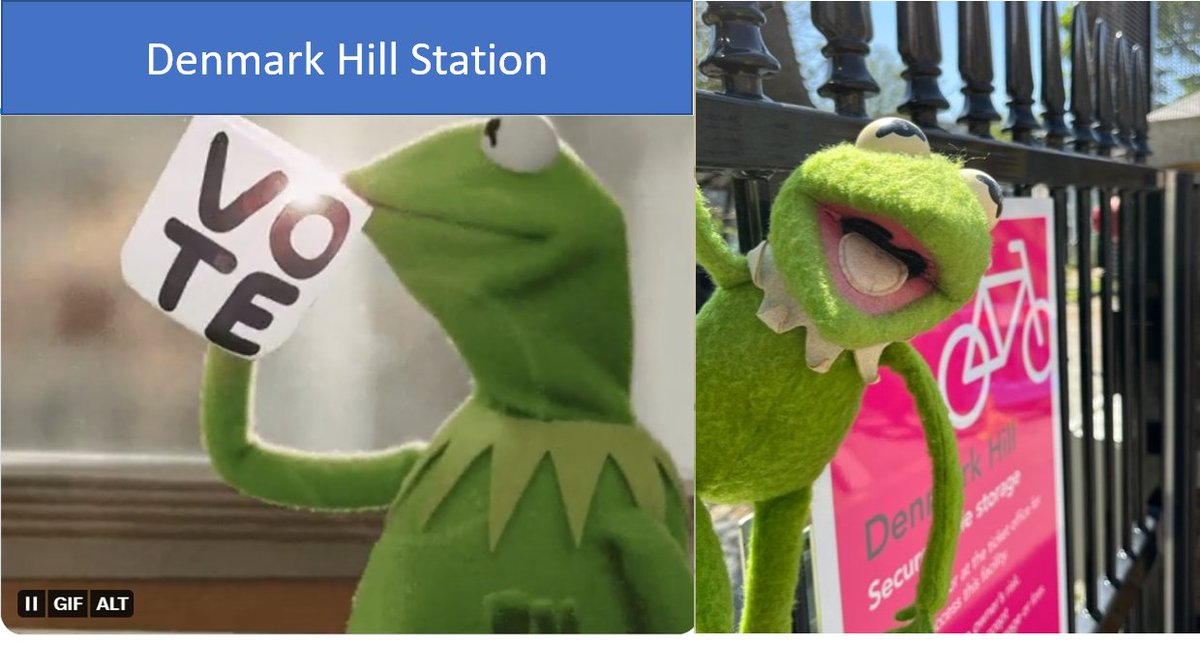 Final vote today. #WorldCupofStations Vote #denmarkhill for #London - #Kermit loves to #cycle to the #train. His bike parked safely at the station #SE5, #Camberwell, @londoncyclist