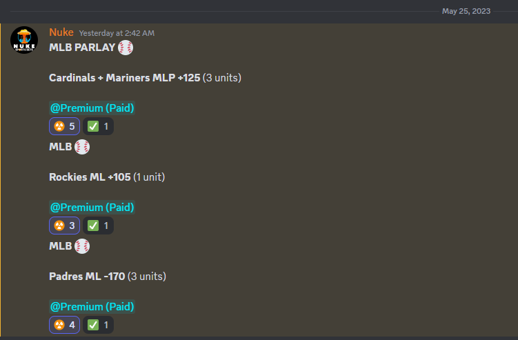 SpookyDeGenaro's tweet photo. 🔥Wow! Nuke delivered big wins yesterday with a clean sweep on his picks! 💰Turning $100 bets into $657!
Join the premium Discord for a thrilling Memorial Day Weekend at https://t.co/Mm36H15OFX! 🇺🇸
Discount Code: SPOOKY20
#SportsBetting #NukeBets @Nuke_Bets https://t.co/kR0TtFqnbO