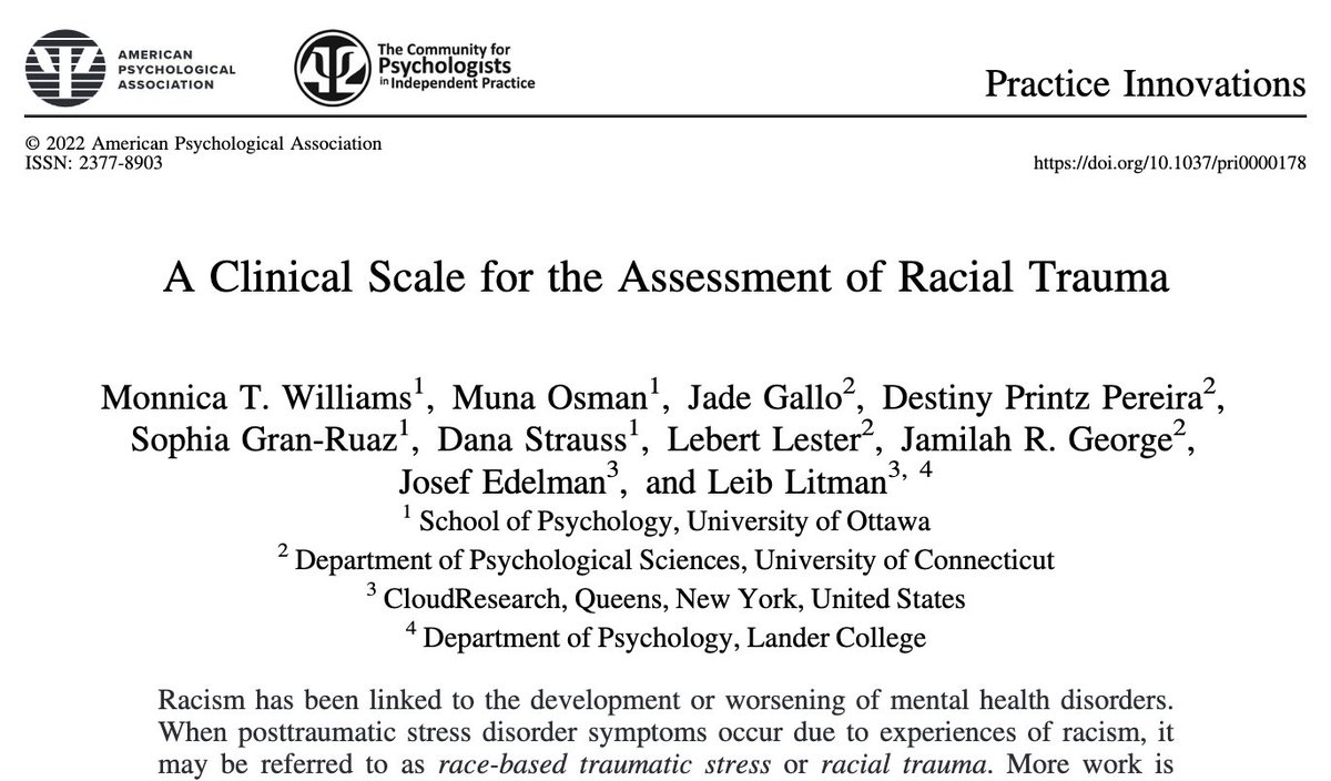 Monnica Williams (@drmonnica) on Twitter photo Our article “A clinical scale for the assessment of racial trauma.” was the top-downloaded AND most accessed journal article published in 2022 in Practice Innovations!! A huge thank you to everyone involved. psycnet.apa.org/doiLanding?doi… <a href="/APA_Journals/">APA Journals</a> @drmonnica #racialtrauma Our article “A clinical scale for the assessment of racial trauma.” was the top-downloaded AND most accessed journal article published in 2022 in Practice Innovations!! A huge thank you to everyone involved. psycnet.apa.org/doiLanding?doi… <a href="/APA_Journals/">APA Journals</a> @drmonnica #racialtrauma