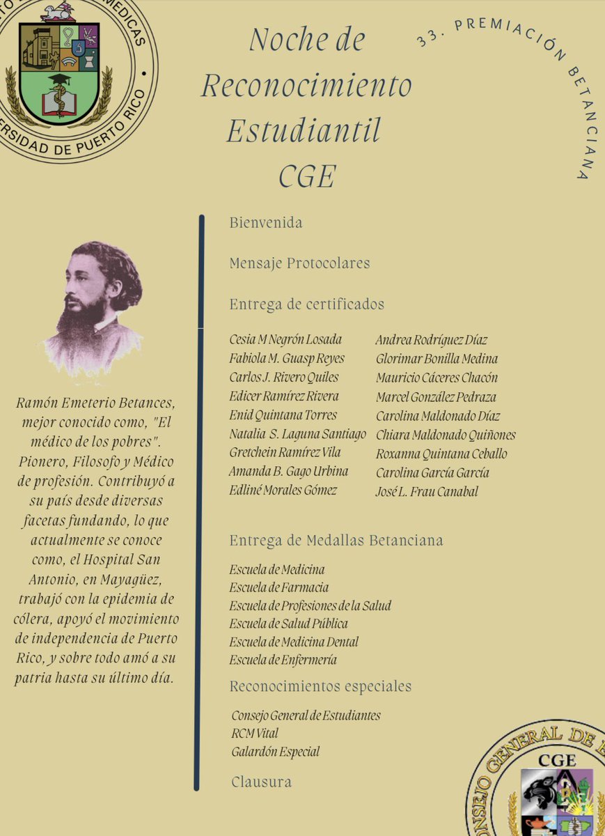 El CGE del RCM desea invitar a toda nuestra comunidad universitaria a la 33a Premiación Betanciana. La celebración se estará realizando de manera presencial el lunes, 5 de junio de 2023, a las 5:30 p.m. en el Anfiteatro Jaime Benítez del RCM. ¡Los esperamos!