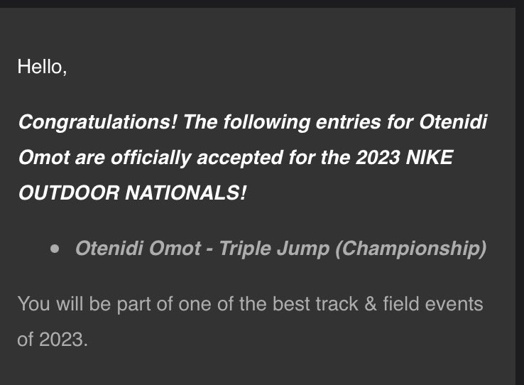 Ot Omot (@otenidi_omot) on Twitter photo Blessed to announce my entry’s for Nike Outdoor Nationals have been accepted💪!!! Blessed to announce my entry’s for Nike Outdoor Nationals have been accepted💪!!!