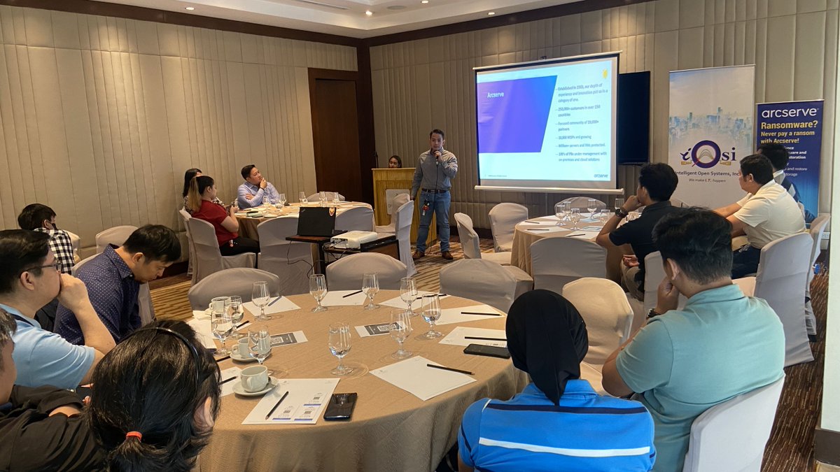 Arcserve's tweet image. Some shots from an amazing end-user event in the Philippines thanks to our distributor ITSDI and our wonderful partner IOSI! An Arcserve team was able to give an overview of our entire #DataProtection suite including UDP, OneXafe, and #SaaSBackup. Thank you for having us!