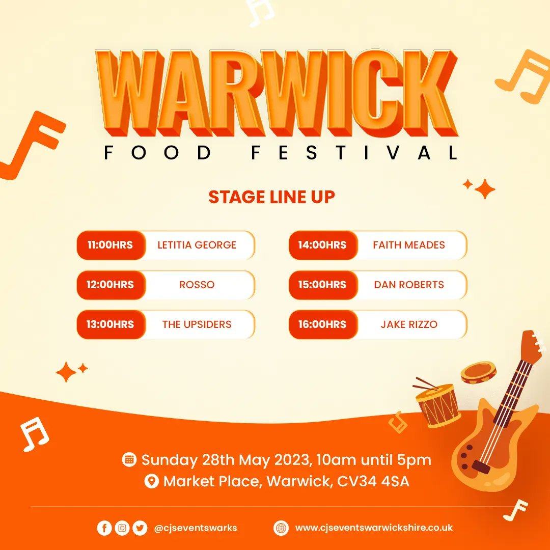 We’ve got a great line up of entertainment for you this Sunday at Warwick Food Festival 🎼

For the full details and traders attending visit bit.ly/3iOwaR0 

🎟️ Free entry for all!