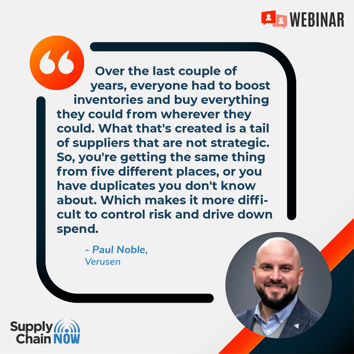 Learn new ways to bridge the misaligned data gap so suppliers and buyers can work together to streamline purchases, eliminate tail spend, and more with supply chain experts Eric Wilk, Jim Braun, and Paul Noble! 

bit.ly/3WrBo57
@Verusen_AI @WurthIndustryNA 
#sponsored