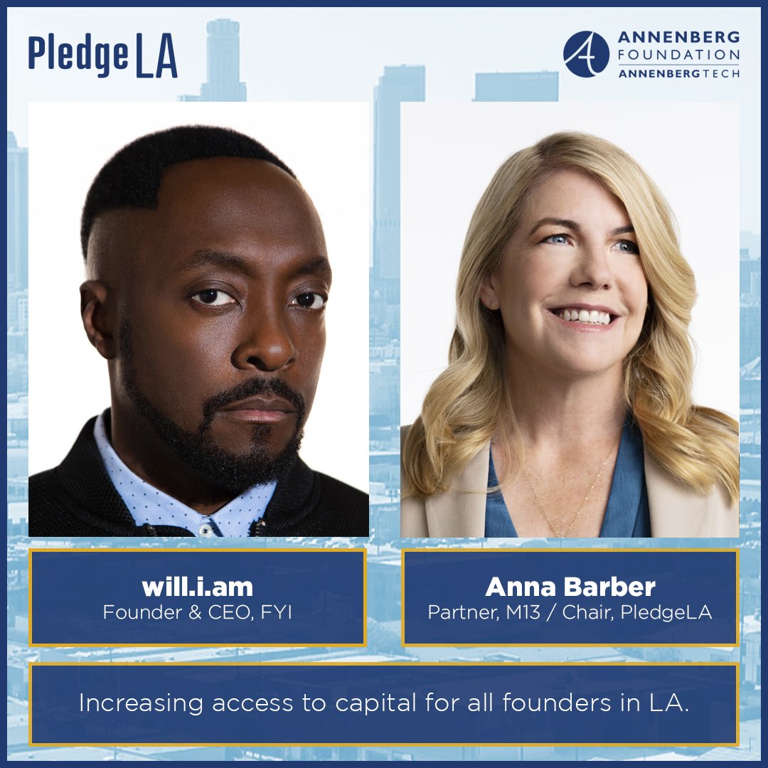 Annenberg_FDN's tweet image. On June 7, as part of @socinnovation + #LATechWeek, #AnnenbergTech’s session will include @iamwill + @annawbarber in conversation about increasing access to capital for all founders in LA, and #PledgeLA will share new plans to address the funding gap. (1/2)