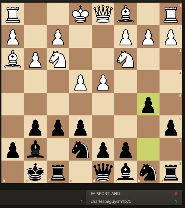 salut  <a href="/CM1B_Peguy/">Les CM1 B de Péguy📝</a>
Nous déplaçons notre pion♟️de b7 à b5. Lundi, nous n'aurons pas école car c'est Memorial Day. Un jour de congé qui rend hommage aux militaires morts à la guerre. 🪦🇺🇸 A mardi! #Partie #QuotiChess <a href="/QuotiChess/">QuotiChess 🐘</a>