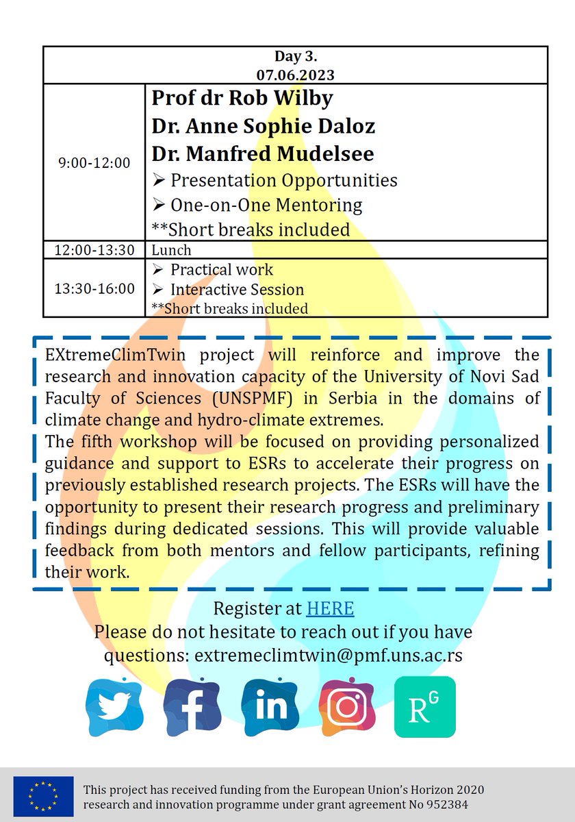 One-on-One Research Acceleration for Early-Stage Researchers (ESRs)!!!
📆 Date: June 5, 6 and 7, 2023
⏰ Time: 09.00 AM
📍 Venue: UNSPMF and online
📝 Registration: docs.google.com/forms/d/e/1FAI…
#extremeclimtwin #h2020 #esr #researchacceleration #universitylife #loveourjob